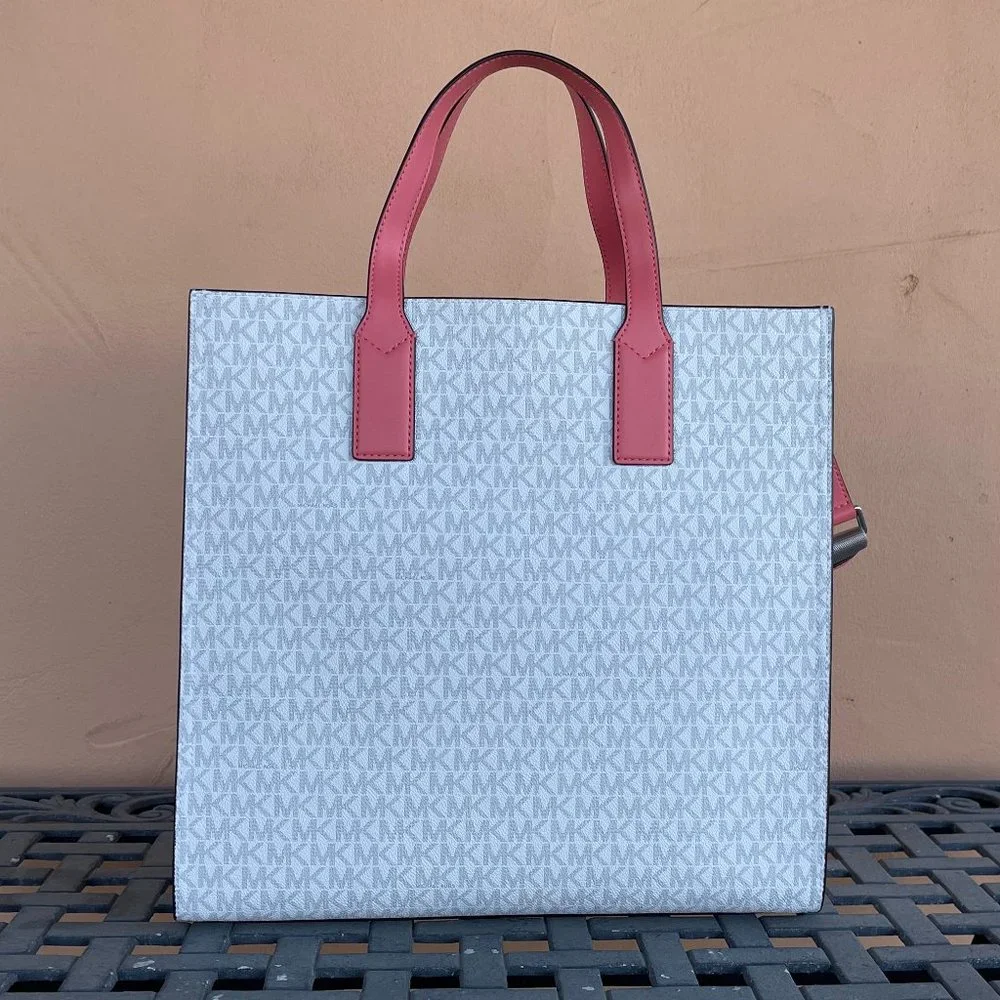 Michael Kors Kenly Large NS Tote Satchel Shoulder Bag MK White Grapefruit Pink_2